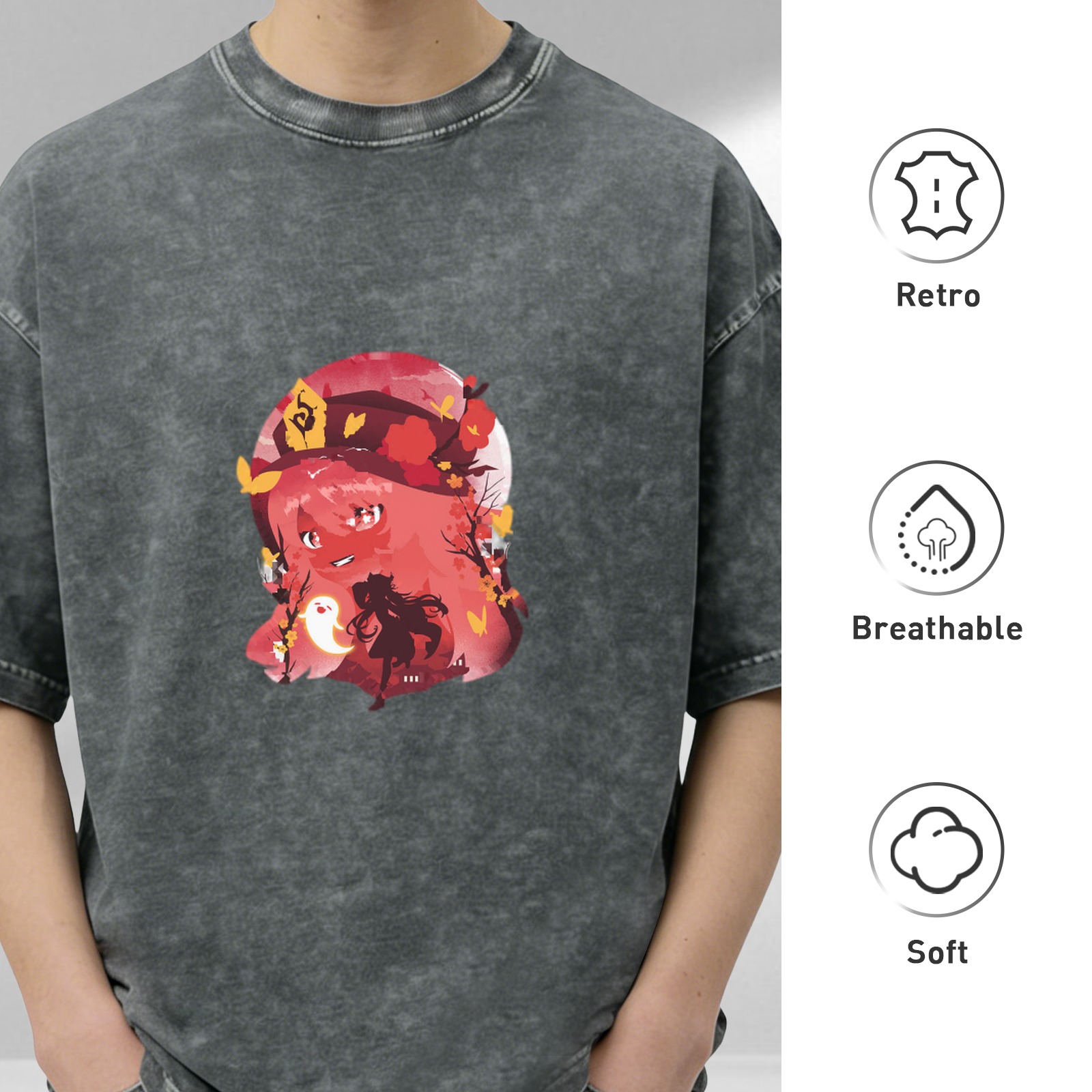 Anime Character Graphic Washed Black Oversized T-Shirt