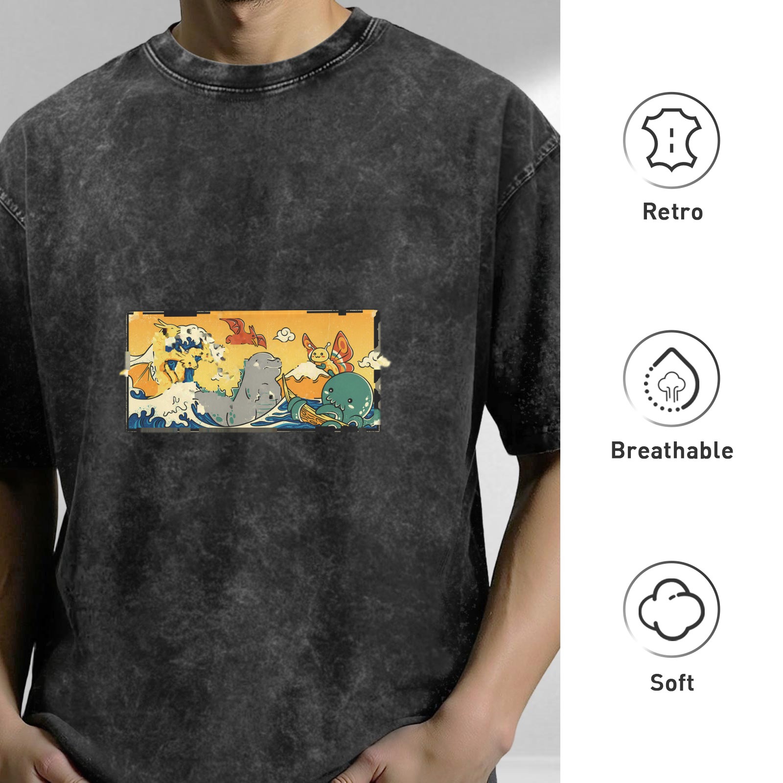 Washed Black Oversized T-Shirt with Cute Monster Wave Graphic