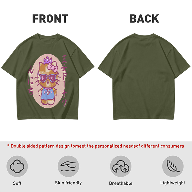 Olive T-Shirt with Cool Princess Cat Graphic Print