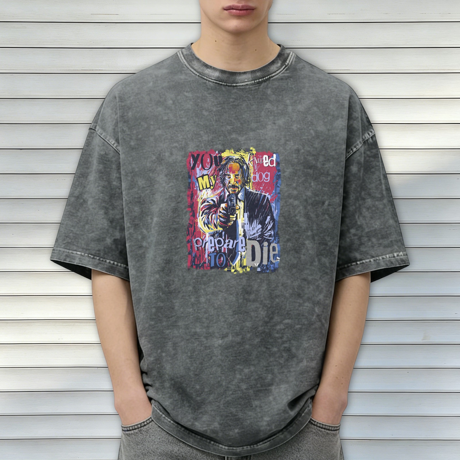 Washed graphic t-shirt with John Wick 'You Killed My Dog Prepare To Die' print