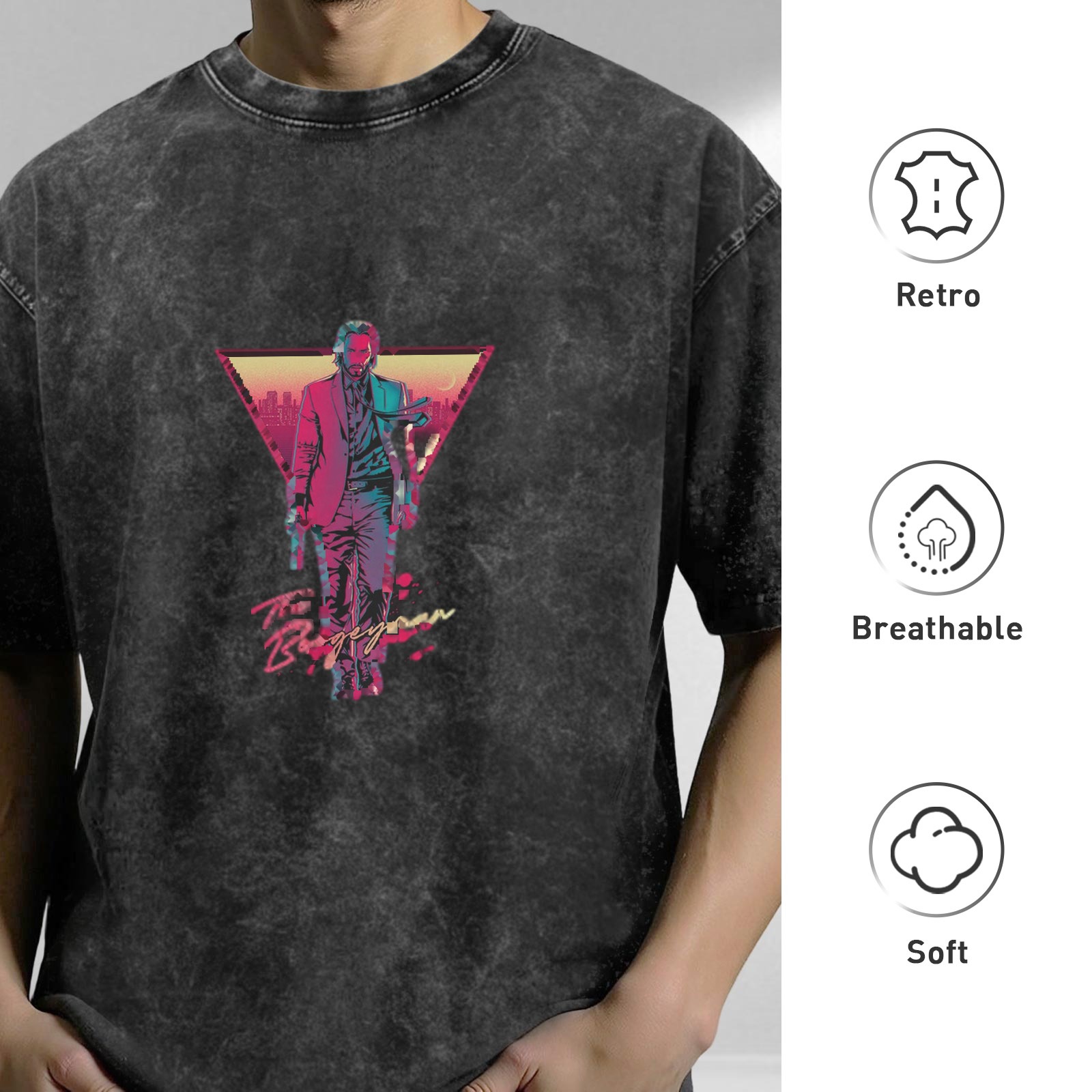 Distressed washed black short-sleeved T-shirt Retro neon style John Wick graphic printed top