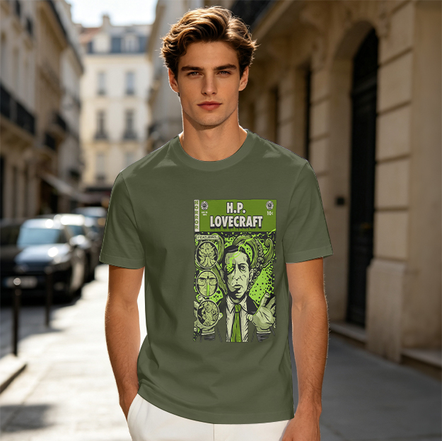 H.P. Lovecraft Comic Print Graphic Olive T-Shirt
