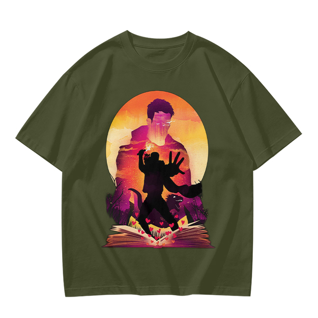 Olive T-Shirt With Fantasy Sunset Silhouette Graphic Print