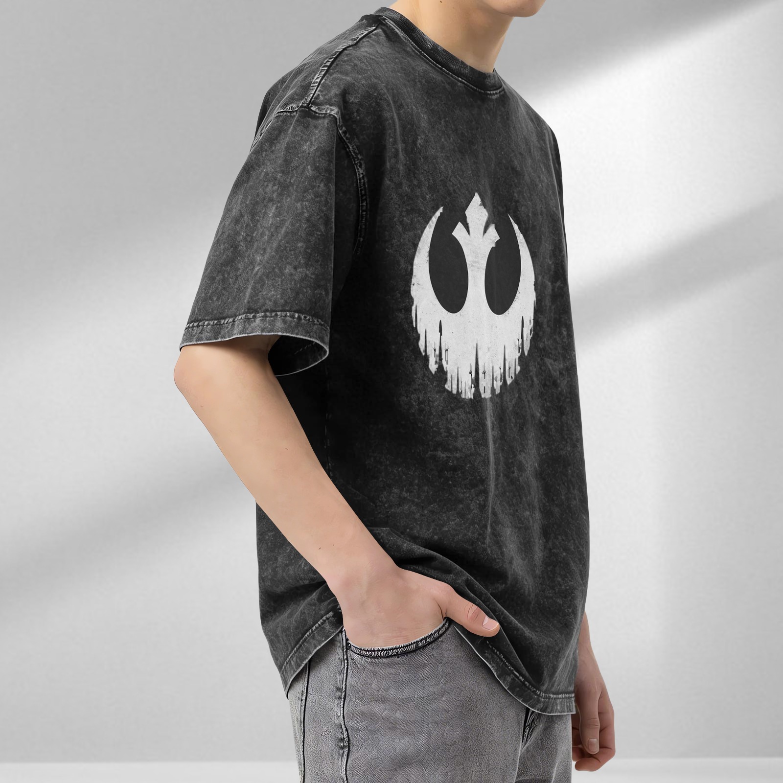 Washed Black T-Shirt with Skull Rebel Alliance Mashup Graphic