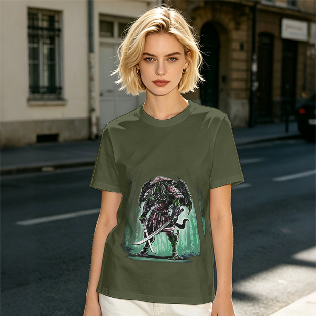 Olive T-Shirt With Samurai Cthulhu Warrior Graphic Print