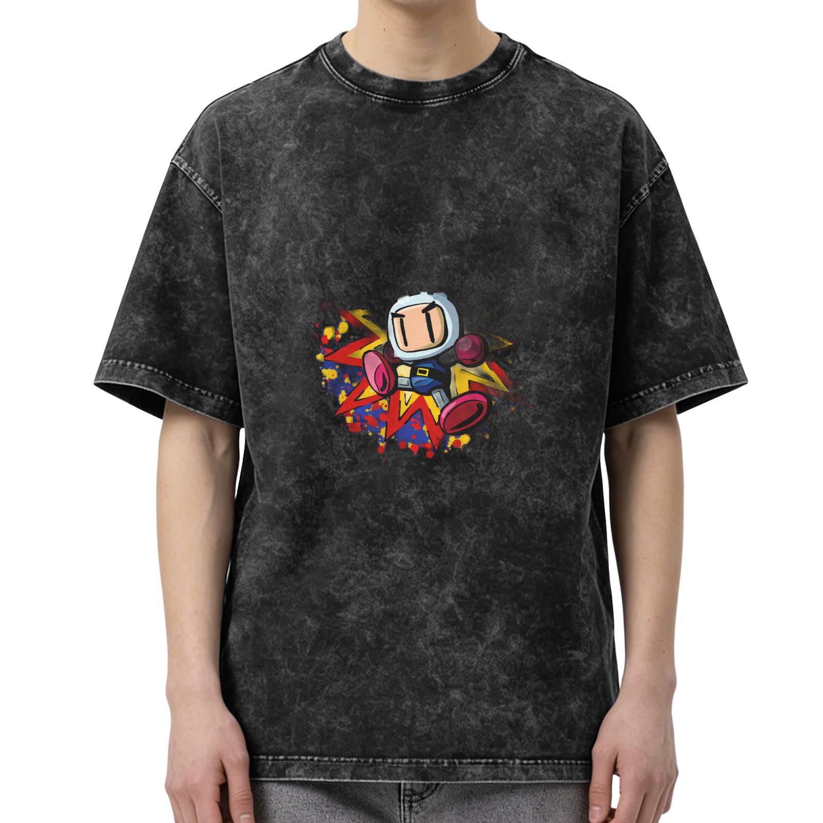 Oversized Acid Wash T-Shirt with Retro Bomberman Graphic Print