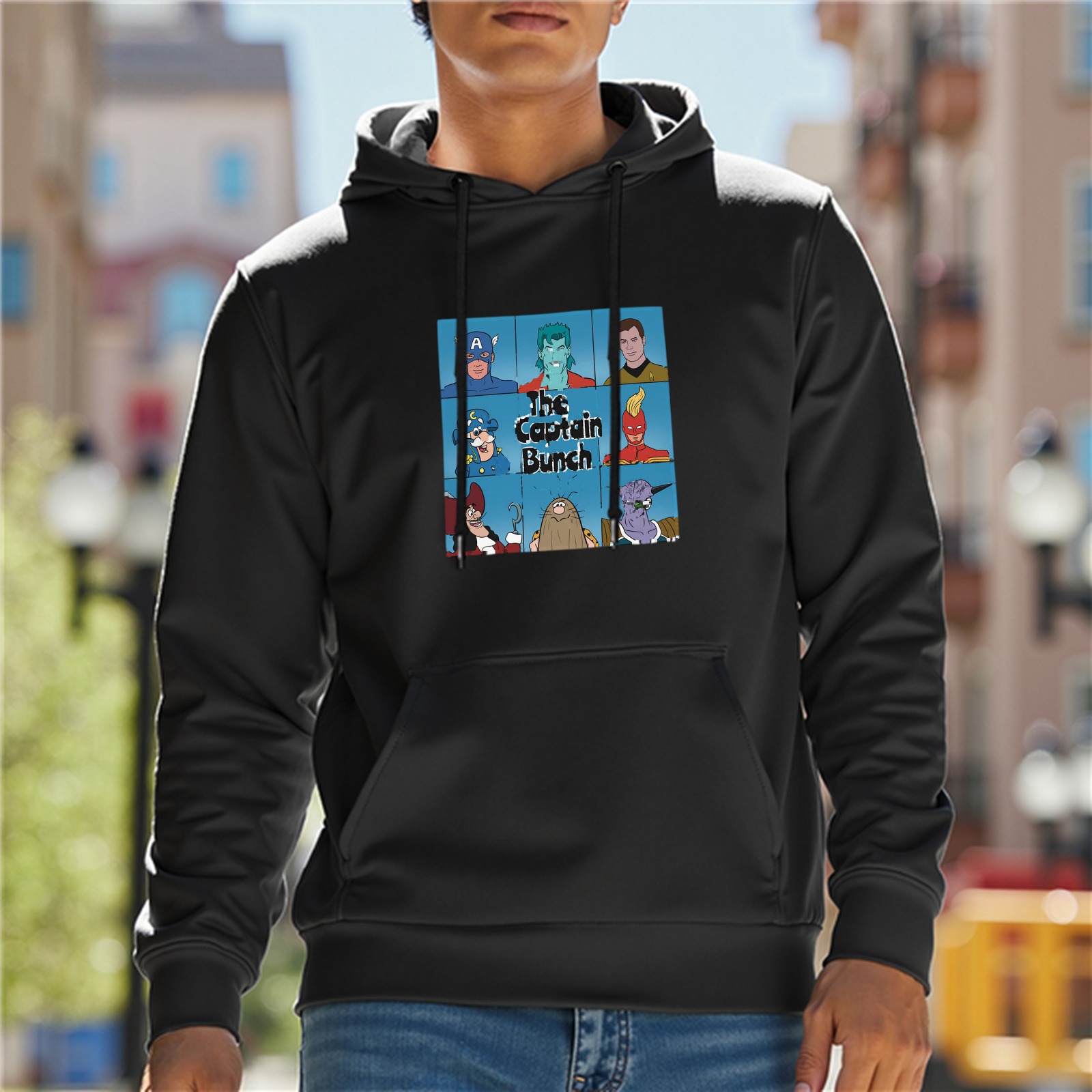 Black Hoodie With The Captain Bunch Superhero Character Print
