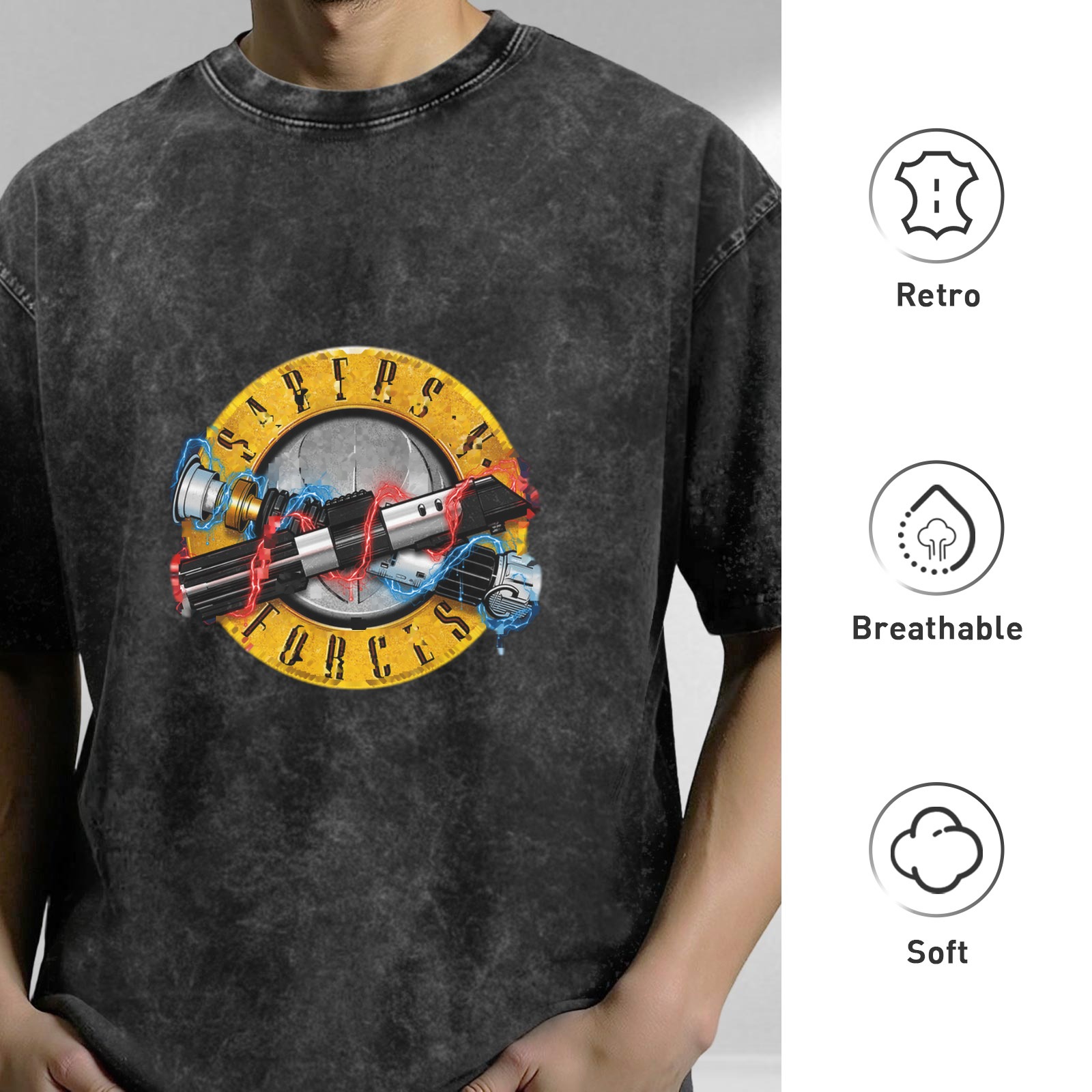 Oversized Acid-Wash T-Shirt with 'Saber's Forces' Lightsaber Graphic Print