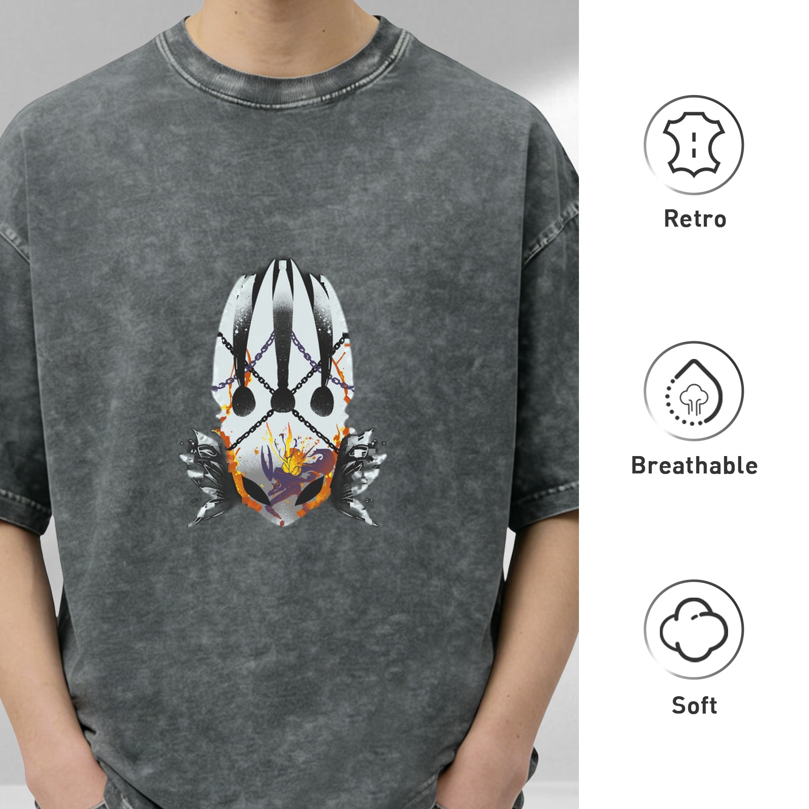Oversized Acid Wash T-Shirt With Graphic Mask And Chains Design