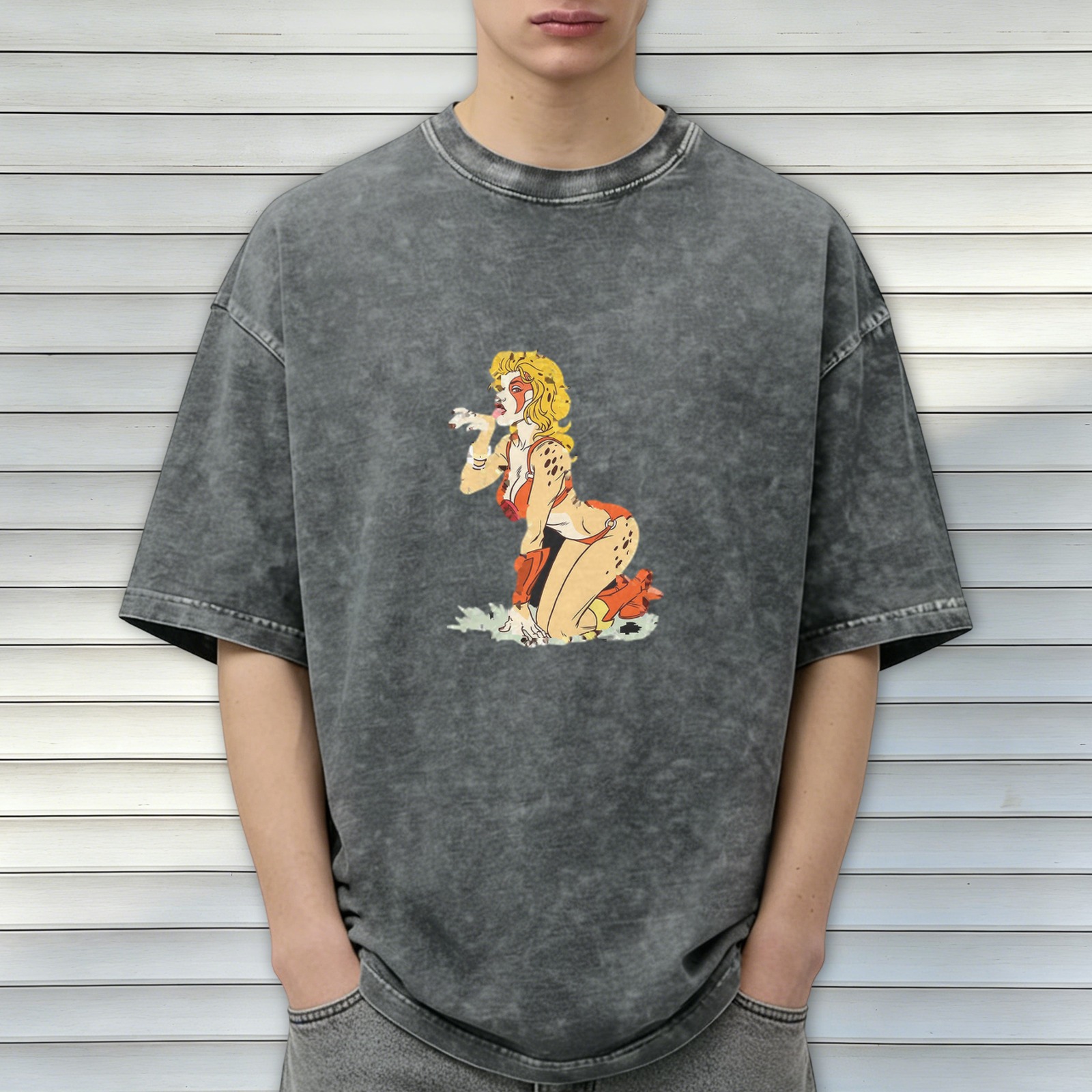 oversized acid wash t-shirt with retro cheetah girl graphic print