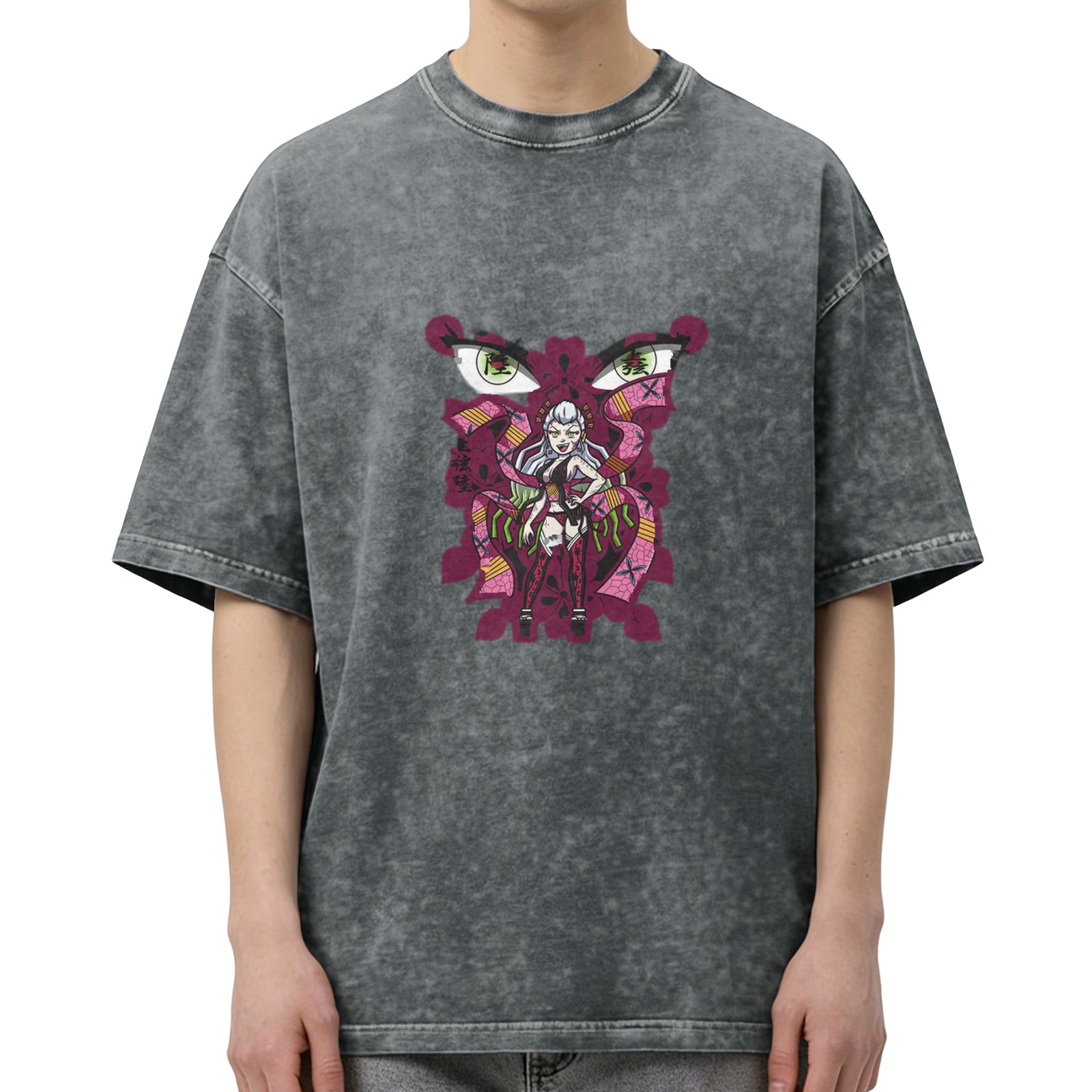 Oversized dark washed anime graphic t-shirt with demon character print