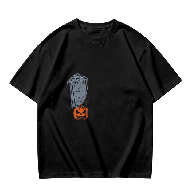 Olive Halloween Graphic T-Shirt with Tombstone and Jack-o'-Lantern