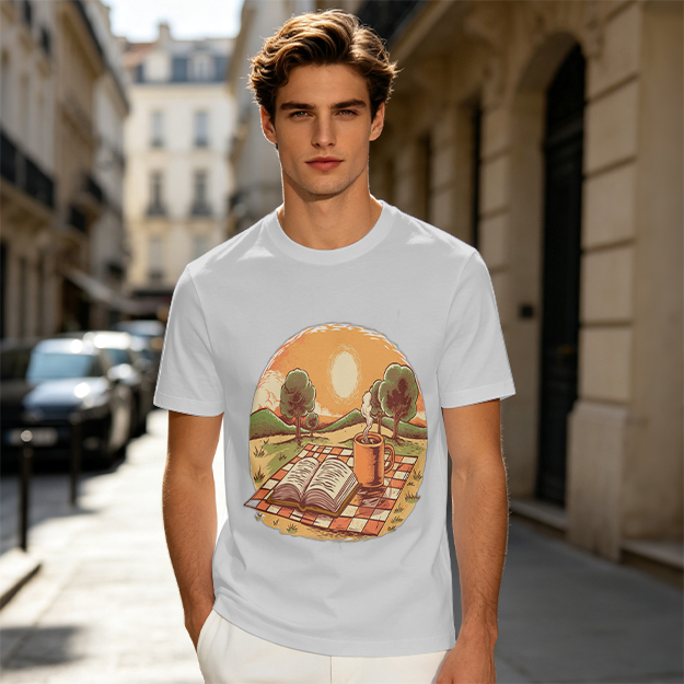 Olive T-Shirt with Sunset Picnic Book and Coffee Art
