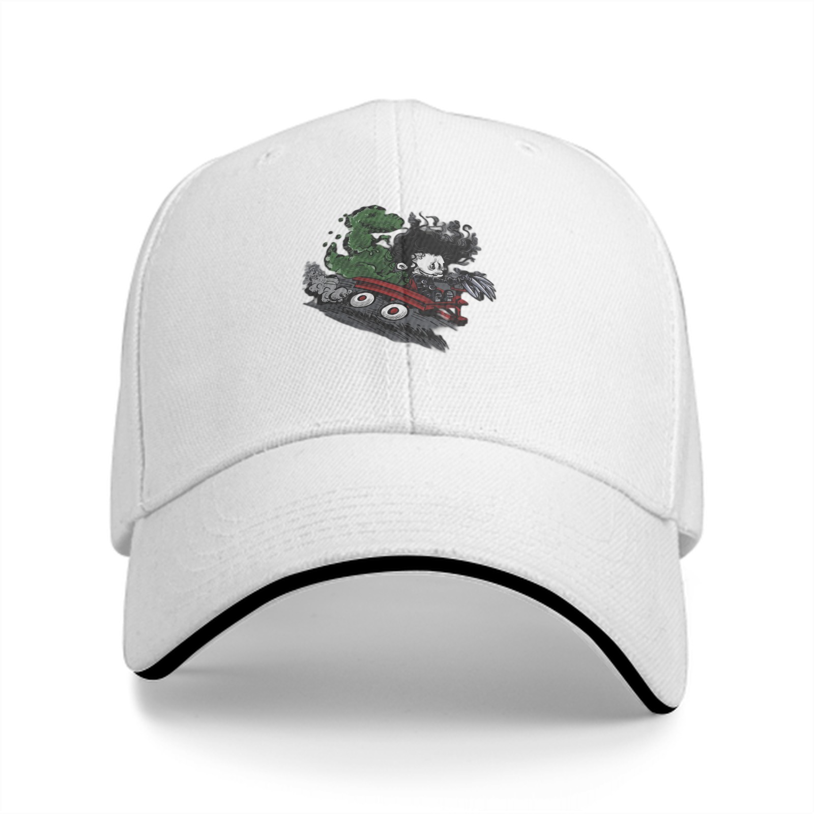 Black baseball cap with anime villain graphic print