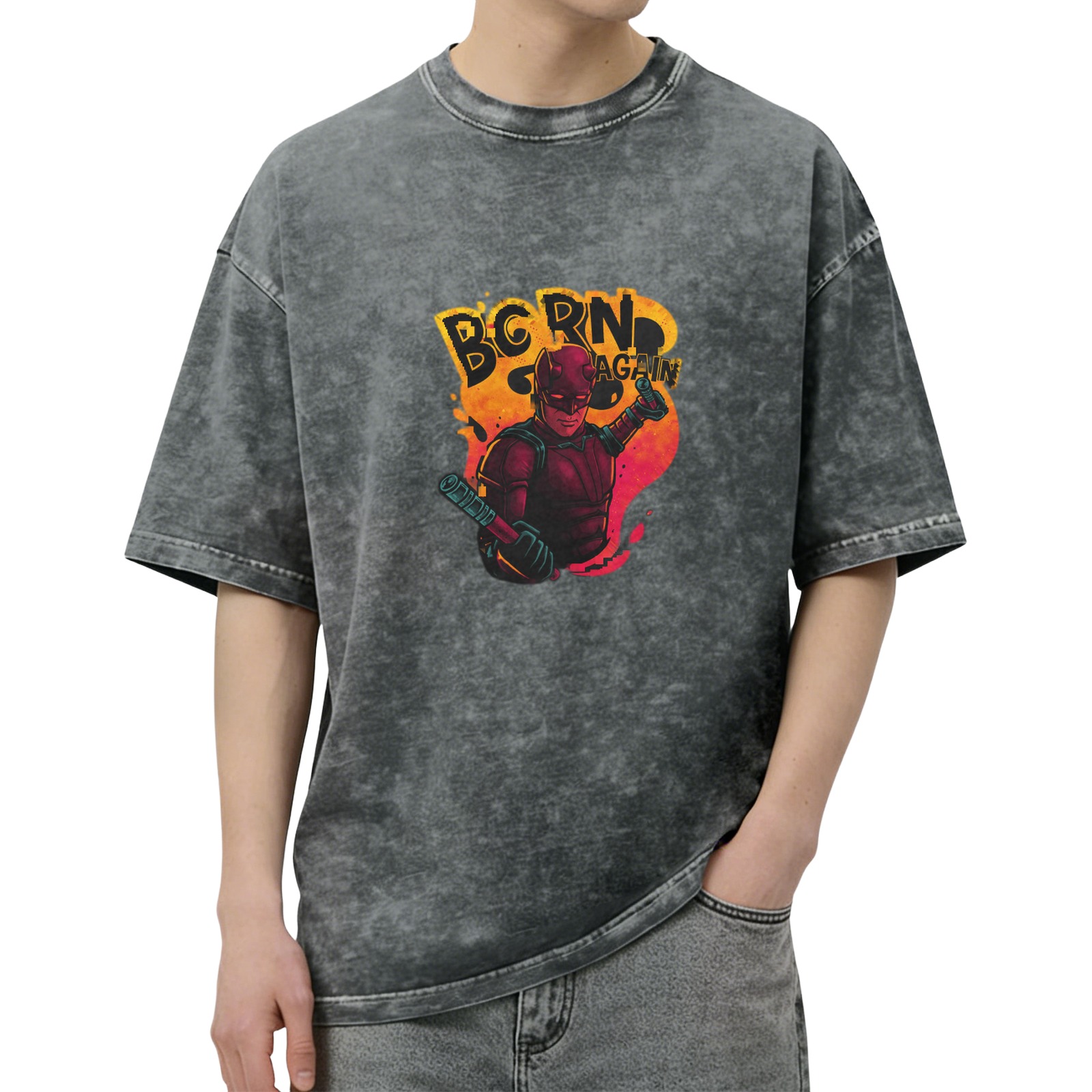Oversized Dark Wash T-Shirt With Daredevil Born Again Graphic Print