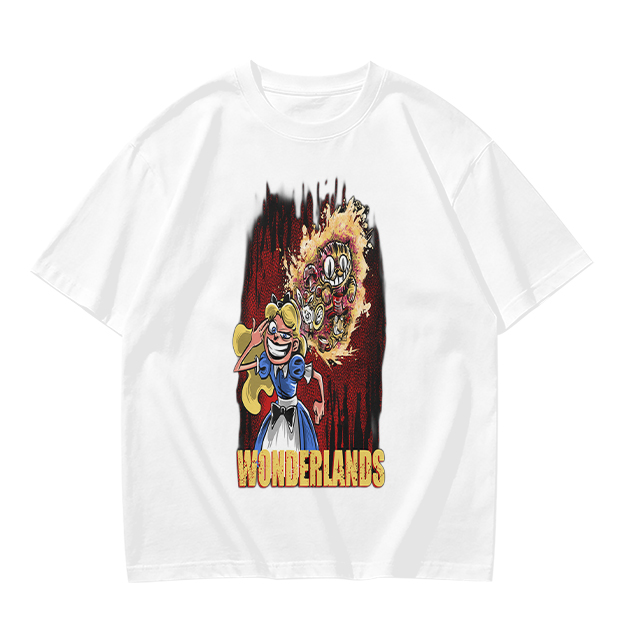 Olive Graphic Tee With Dark Wonderland Themed Cartoon Print