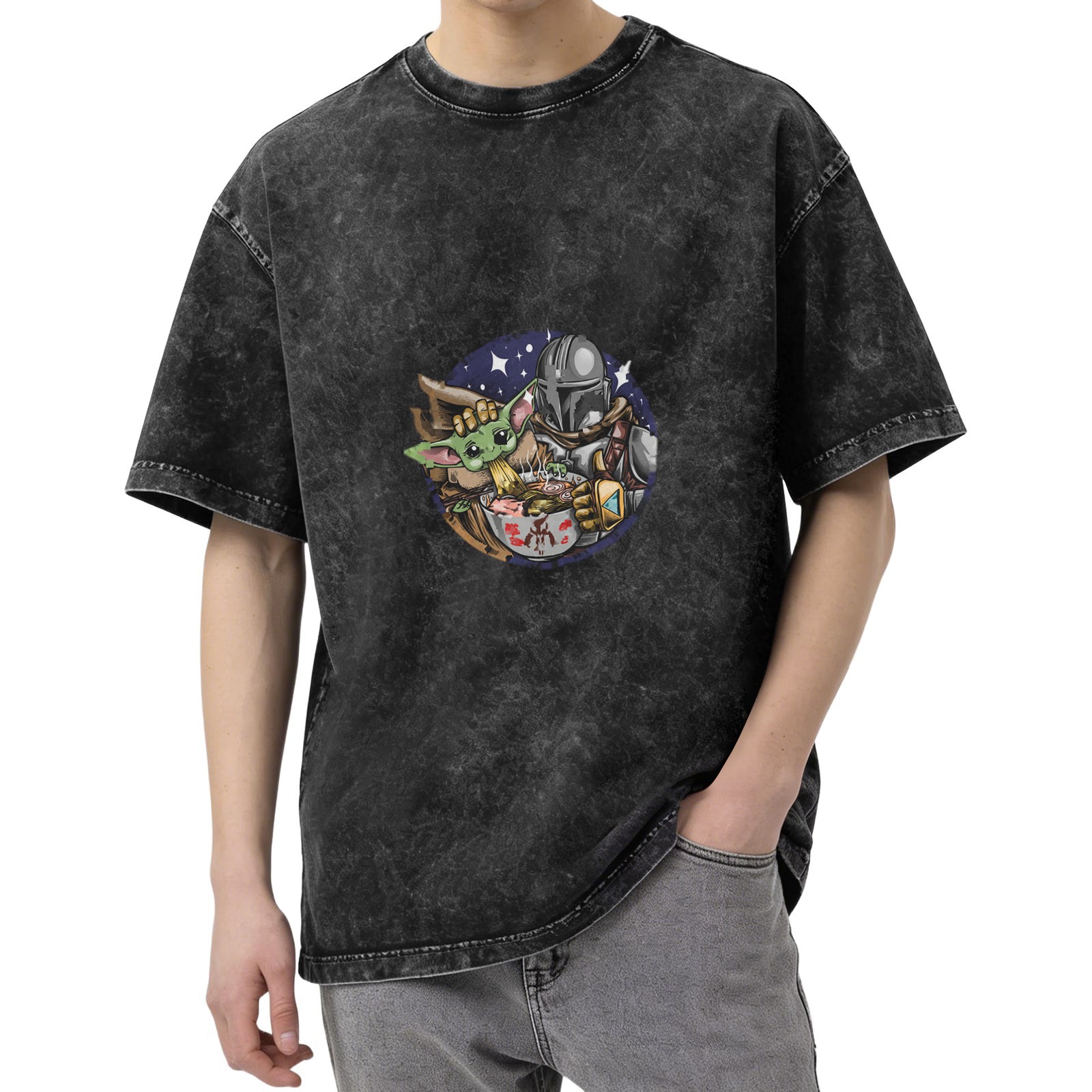 Star Wars Themed Washed Cotton T-Shirt With Grogu and Mandalorian Graphic