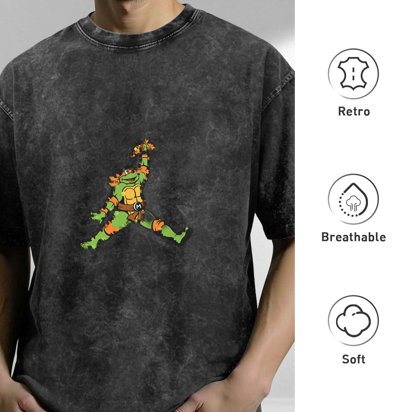 Washed Black Oversized T-Shirt with Ninja Turtle Jump Graphic