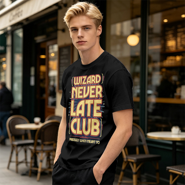 Olive t-shirt with Wizard Never Late Club graphic print