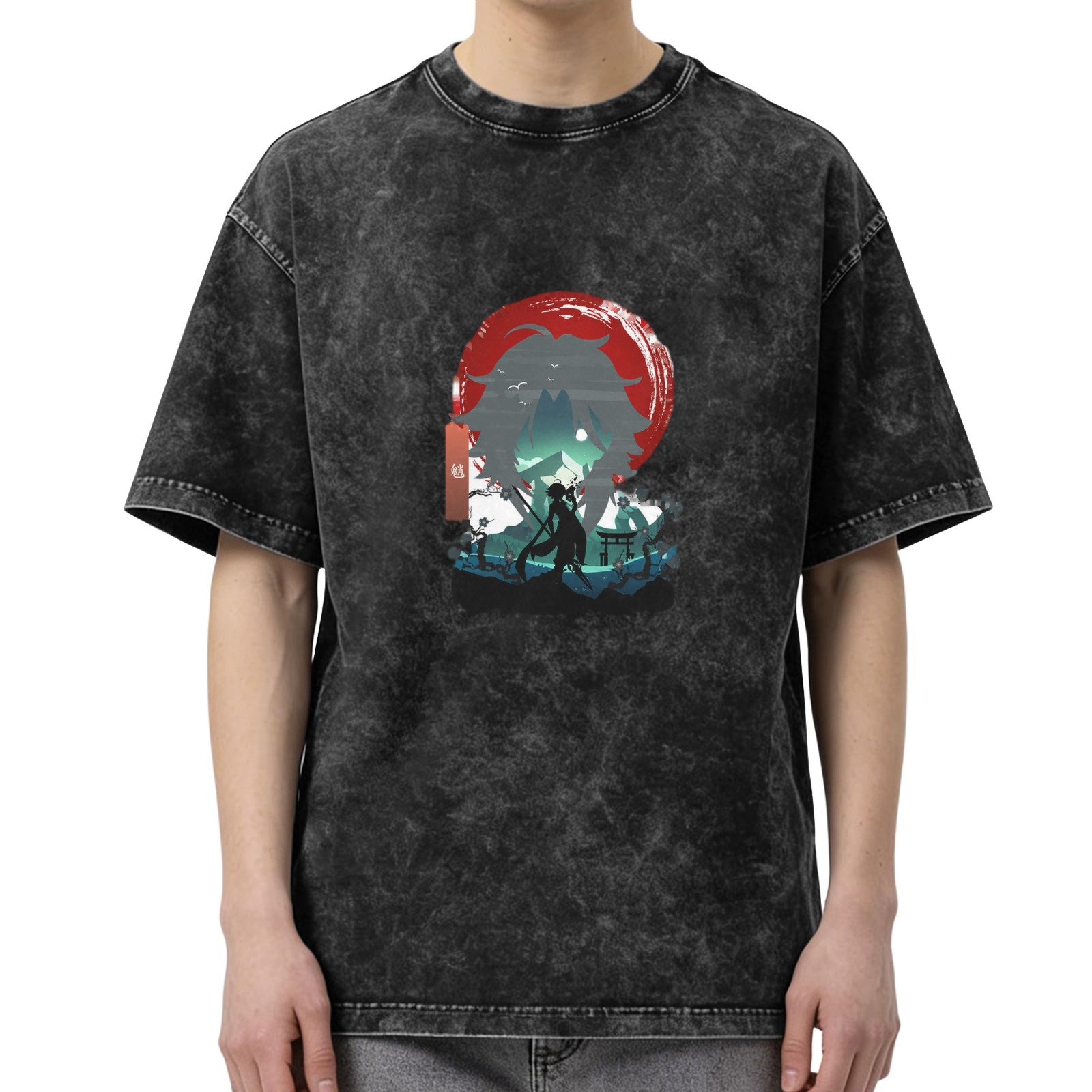 Anime Silhouette Graphic Oversized Washed Black T-Shirt