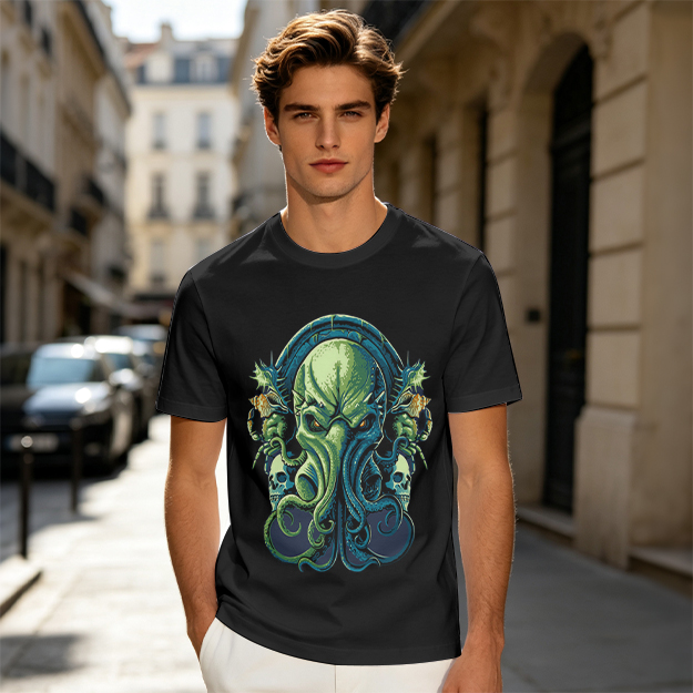 Olive Green T-Shirt With Cthulhu Skull Graphic Print
