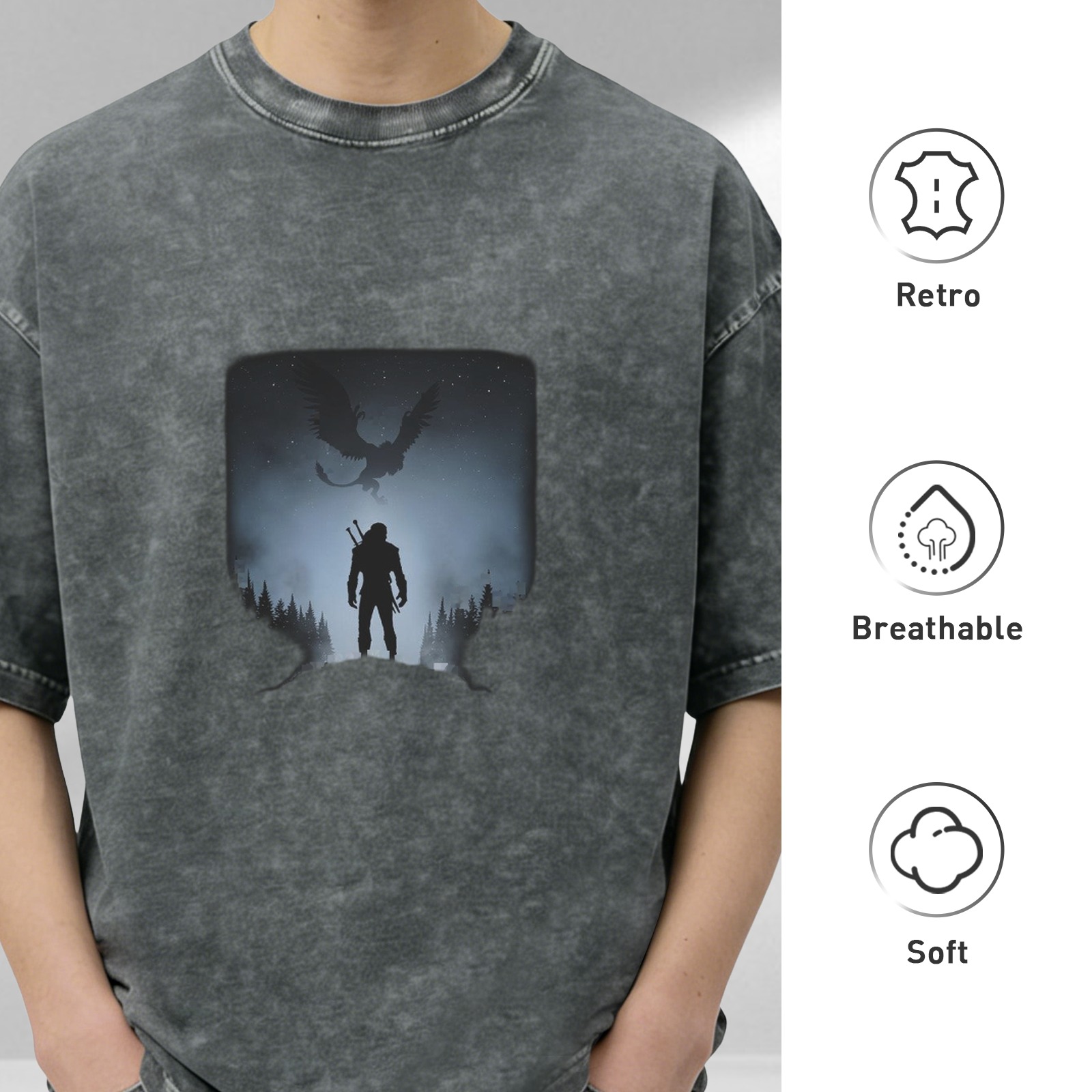 Witcher Silhouette Graphic Acid Wash Oversized T-Shirt