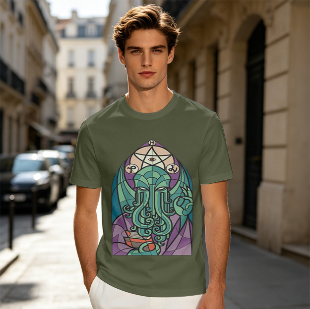 Olive T-Shirt with Stained Glass Style Cthulhu Occult Print