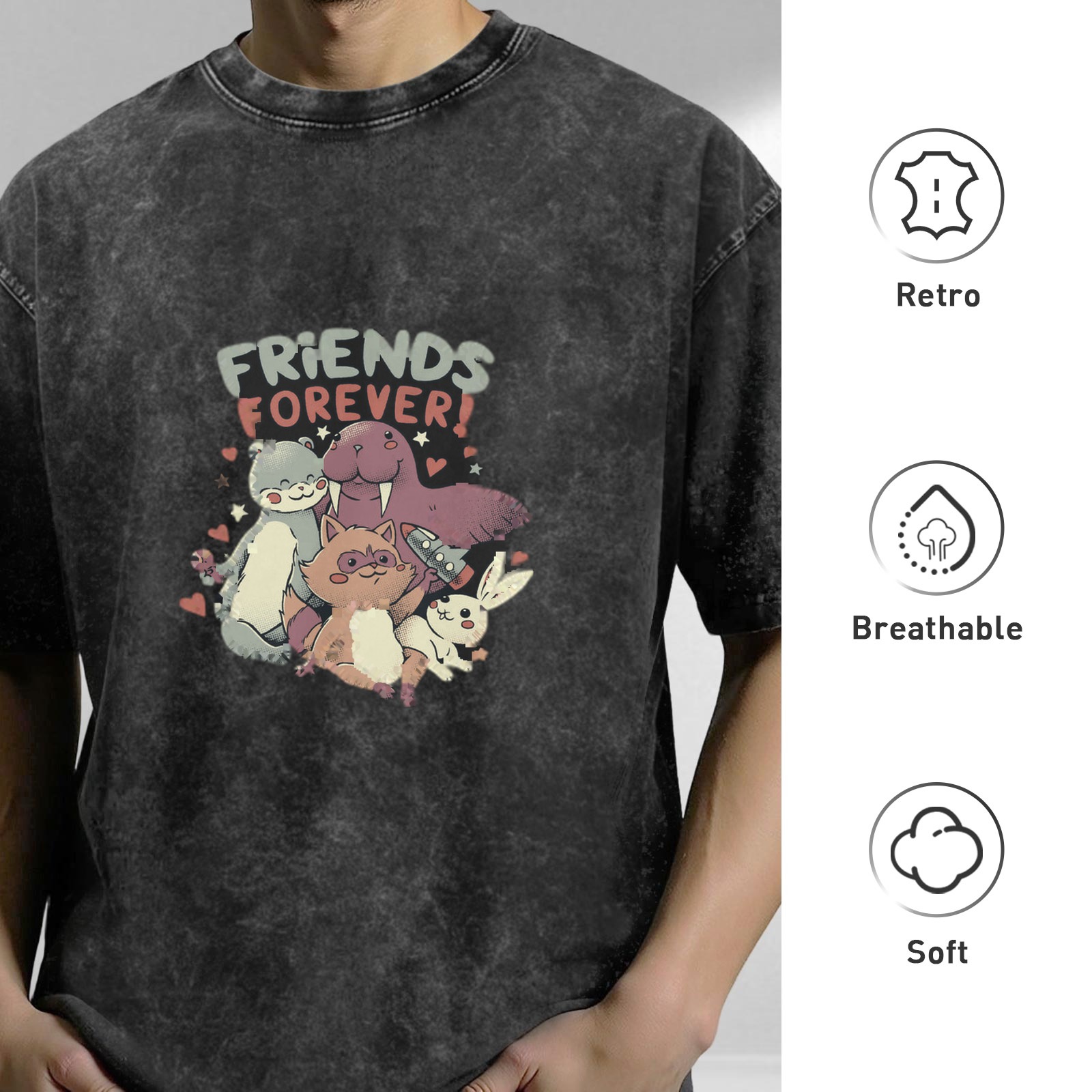 Oversized acid wash t-shirt with friends forever animal graphic print