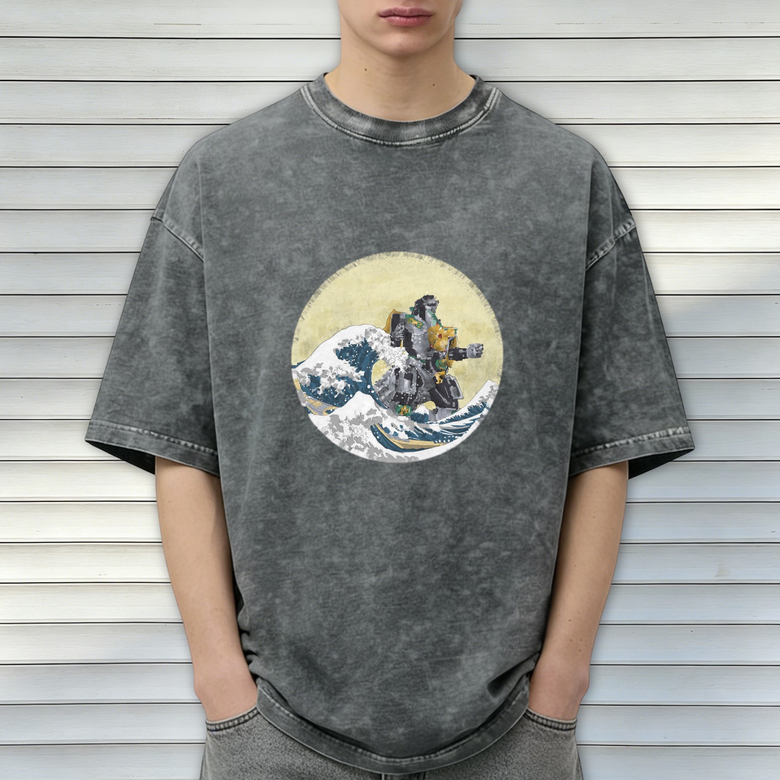 Oversized Acid Wash T-Shirt with Great Wave of Kanagawa x Mecha Robot Graphic Print