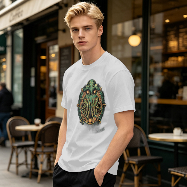 Olive Green T-Shirt With Cthulhu Ship Wheel Graphic