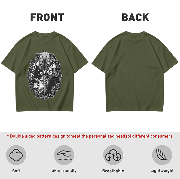 Olive Green T-Shirt With Alien Raven Occult Graphic Print
