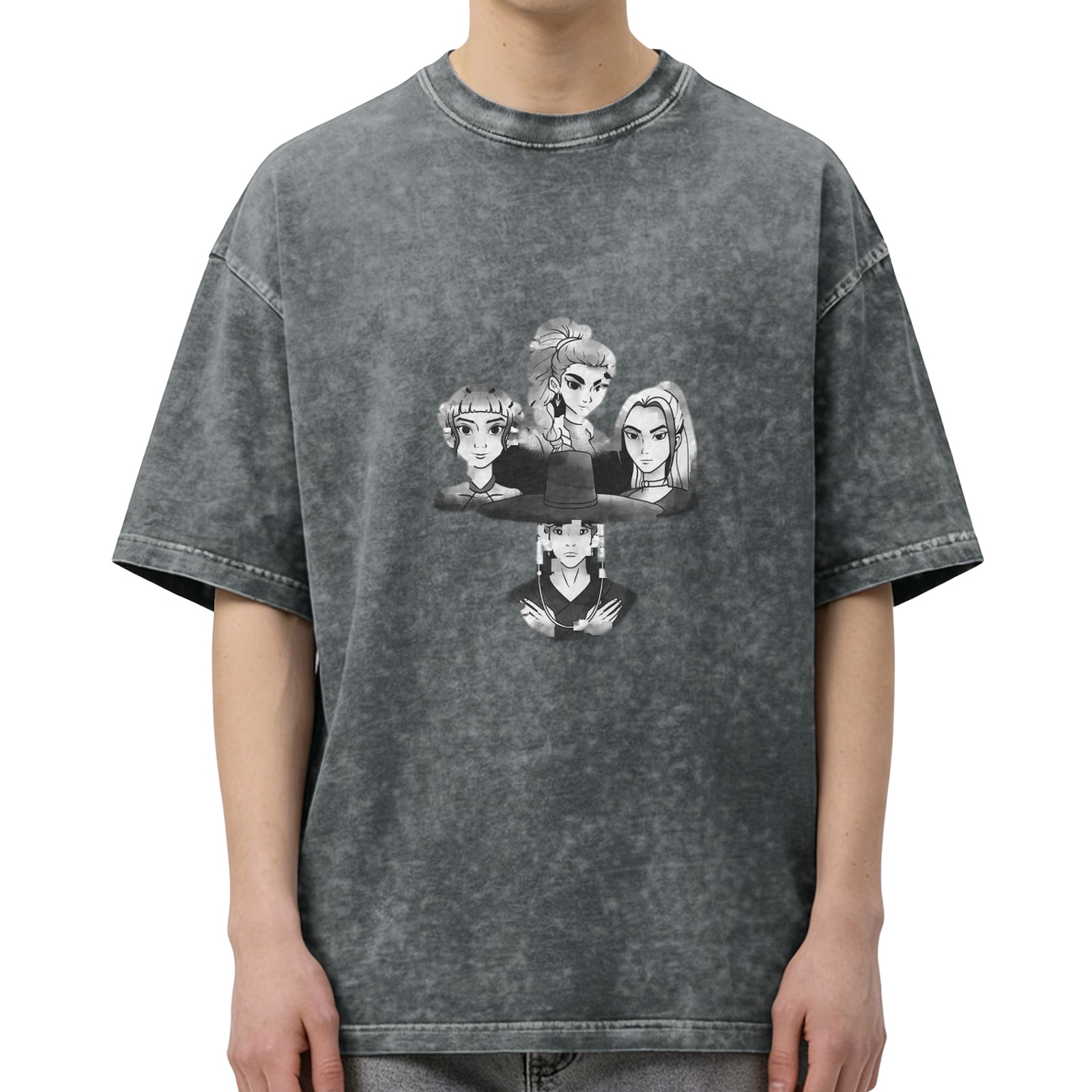 Washed black graphic t-shirt with anime character portraits
