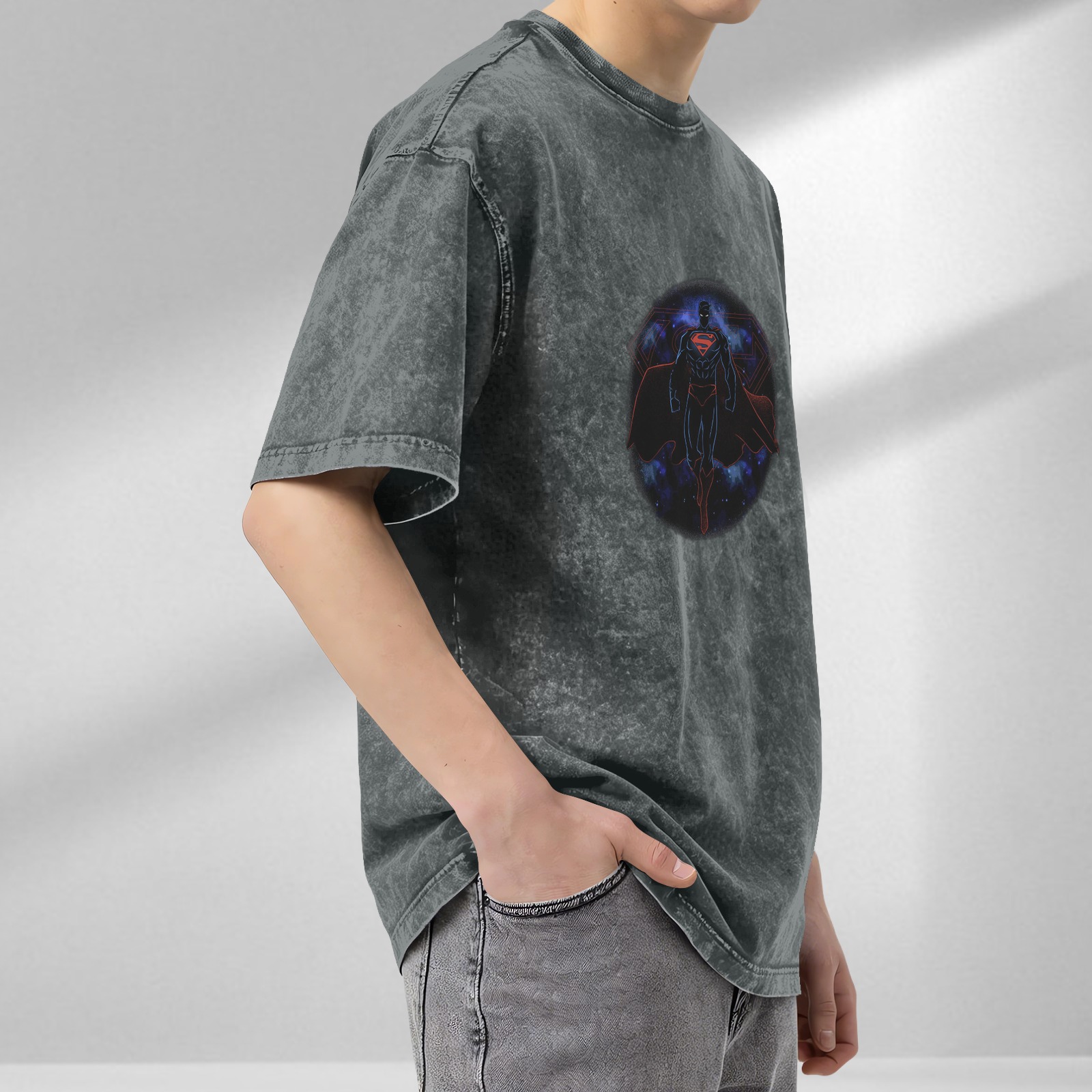 Washed Black Superman Graphic Short Sleeve T-Shirt