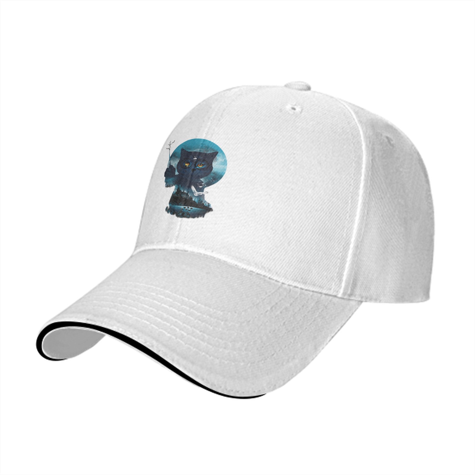 Black Baseball Cap With Mystical Owl Moon Graphic Design