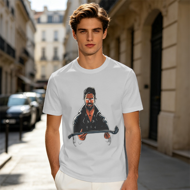 Olive T-Shirt With Bearded Man Holding Crowbar Graphic Print