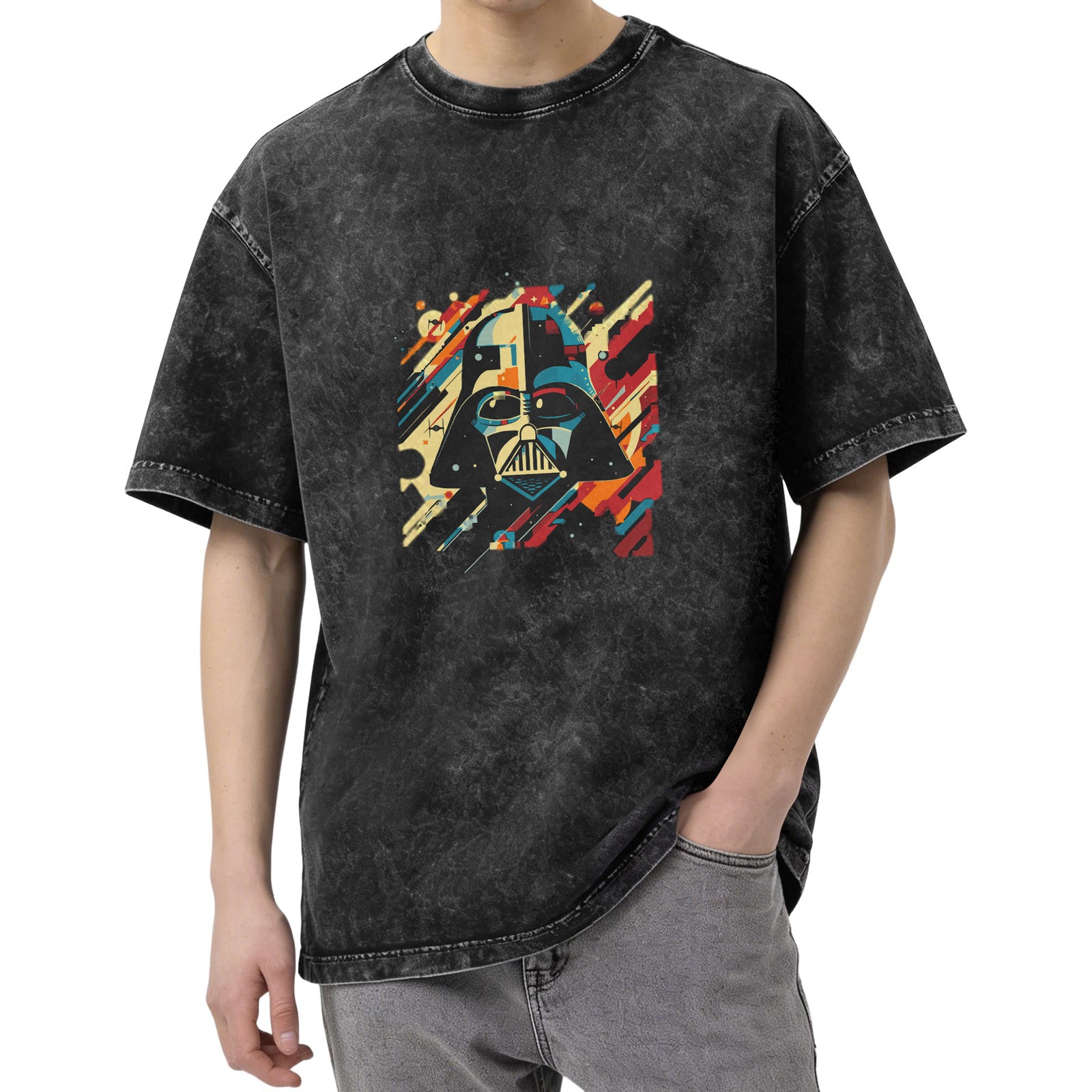 Washed Black T-Shirt with Retro Darth Vader Graphic Print