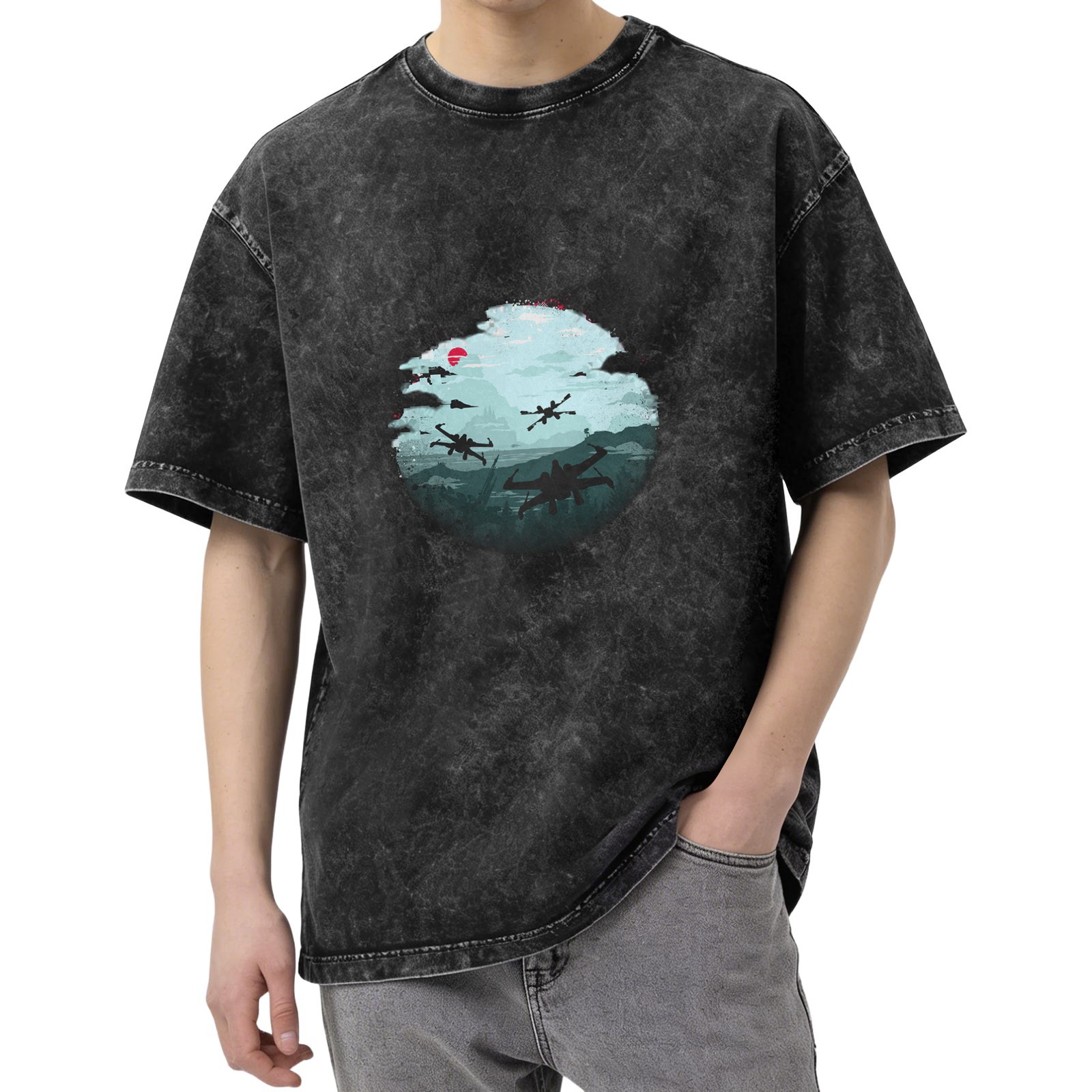 Oversized Vintage Wash Graphic T-Shirt with Star Wars X-Wing Fighter Design