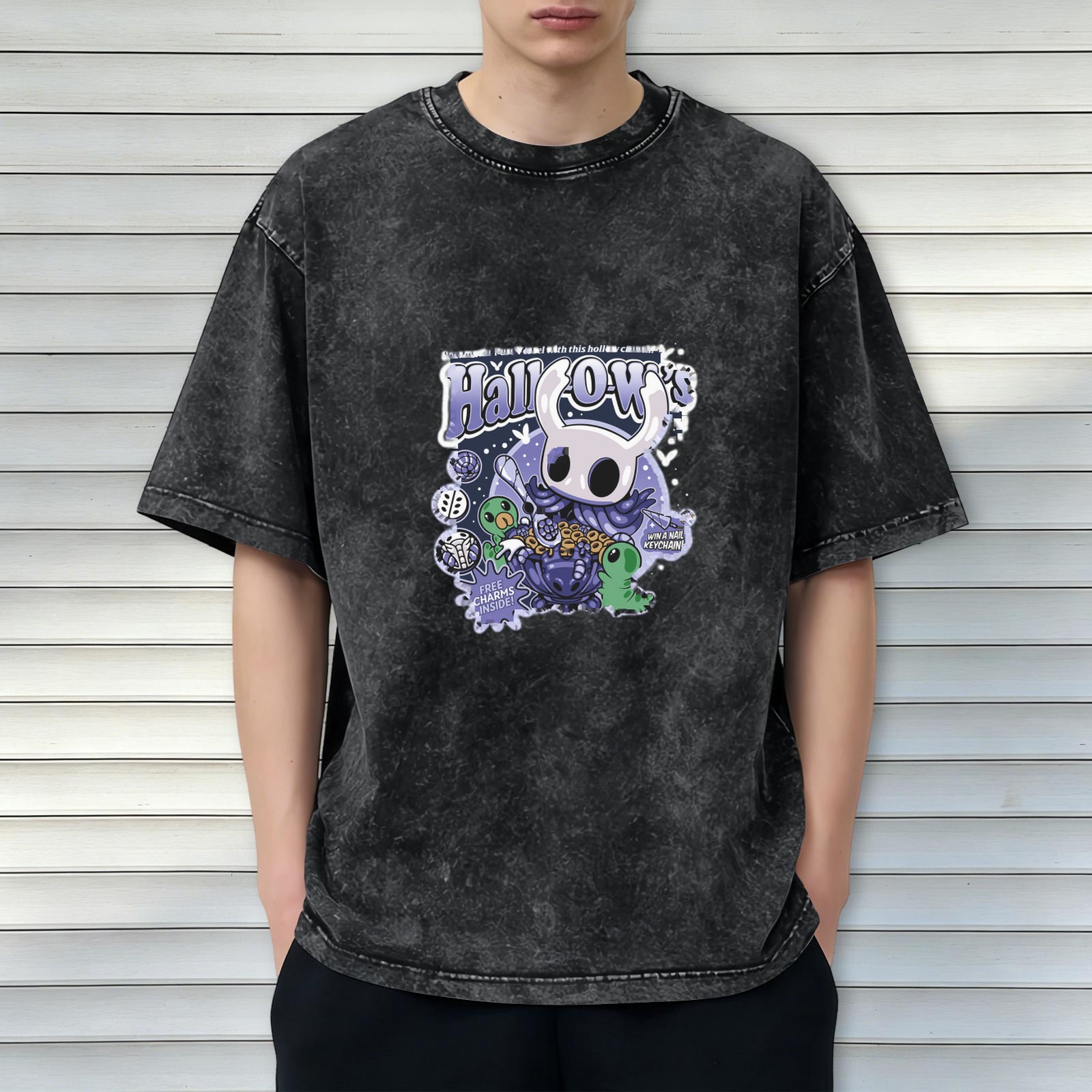 Hollow Knight themed washed distressed short-sleeved T-shirt dark style loose casual top