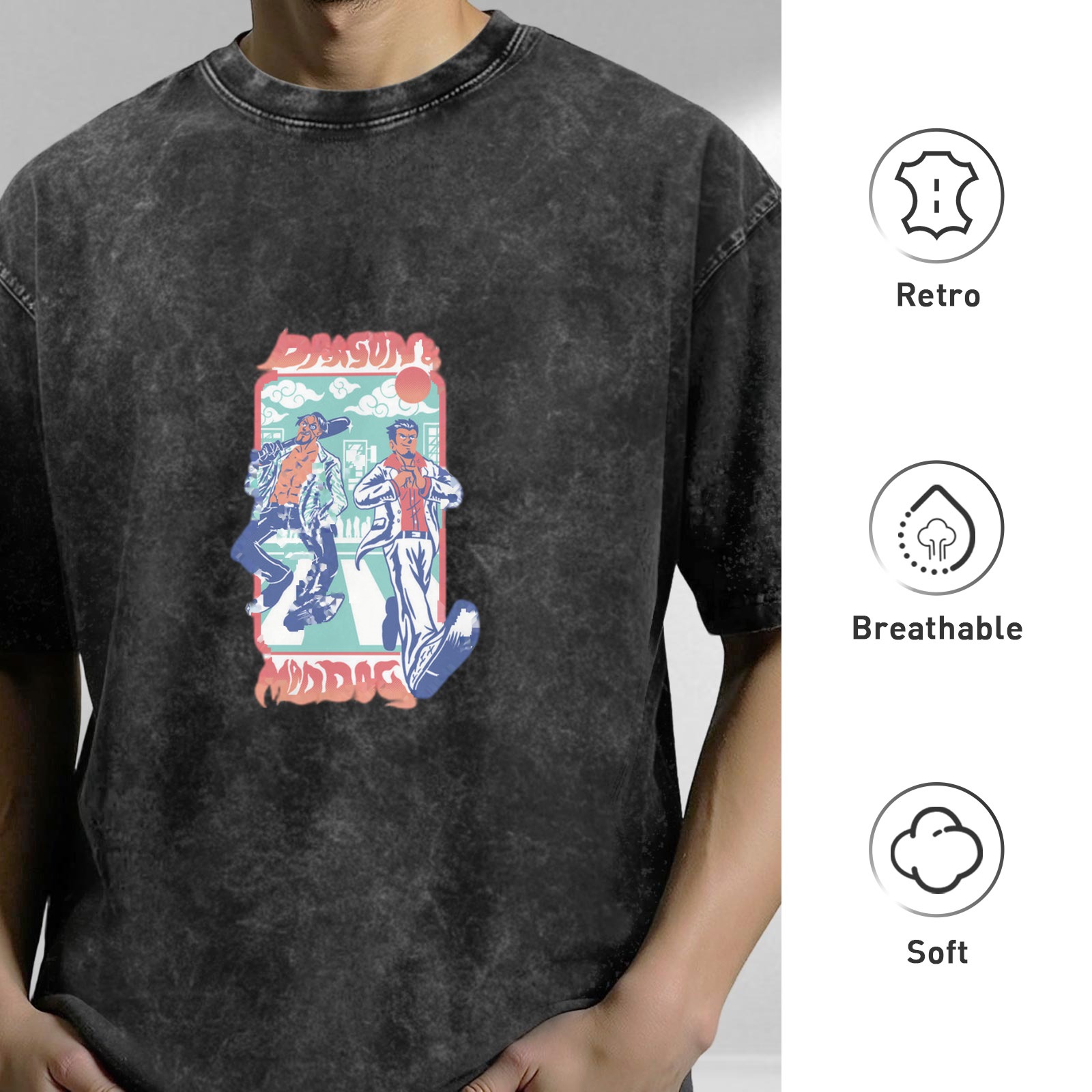 Vintage Washed Graphic T-Shirt with Retro Street Characters Print