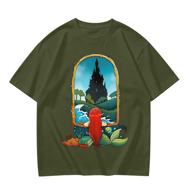 Olive T-Shirt With Mermaid Looking At Castle Art Print
