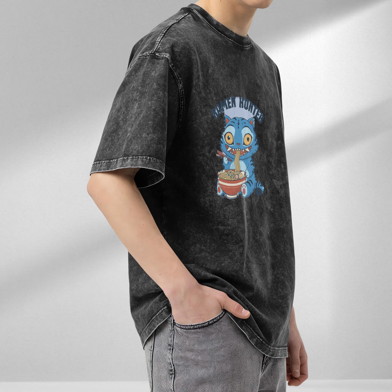 Ramen Hunter Cat Graphic Oversized Acid Wash T-Shirt