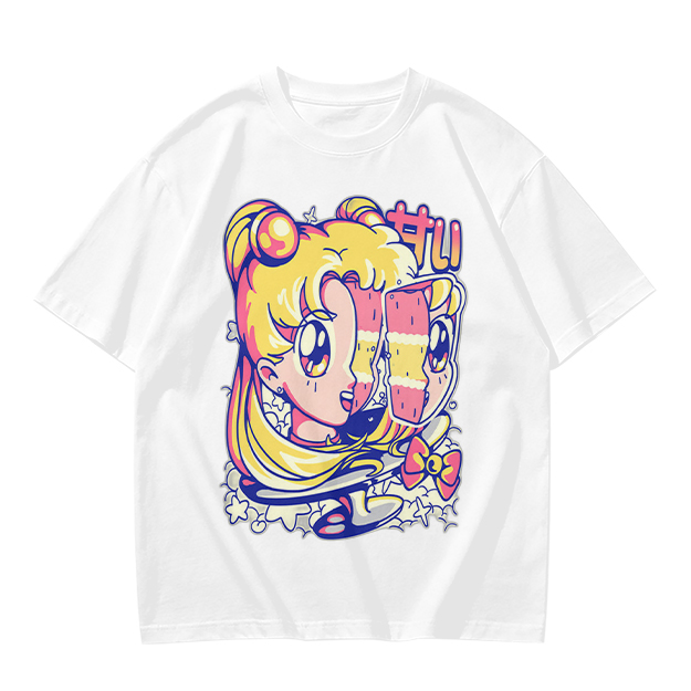 Olive T-Shirt With Glitch Anime Girl Graphic Print