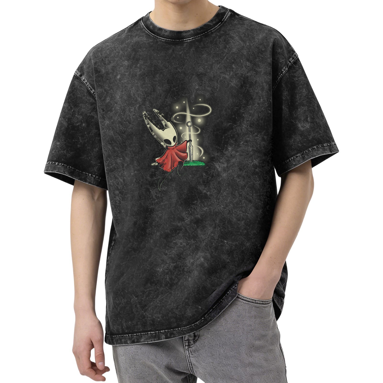 Oversized dark washed graphic tee with Hollow Knight character print