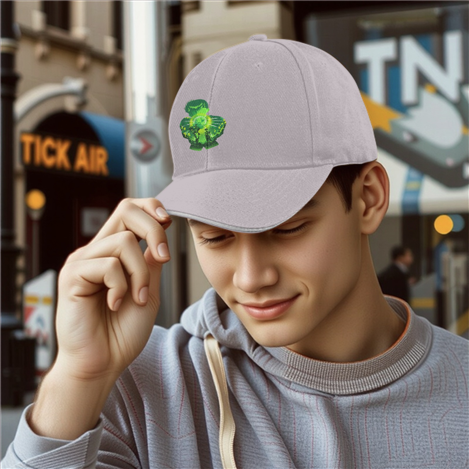 Black Baseball Cap With Green Clover Superhero Silhouette Art