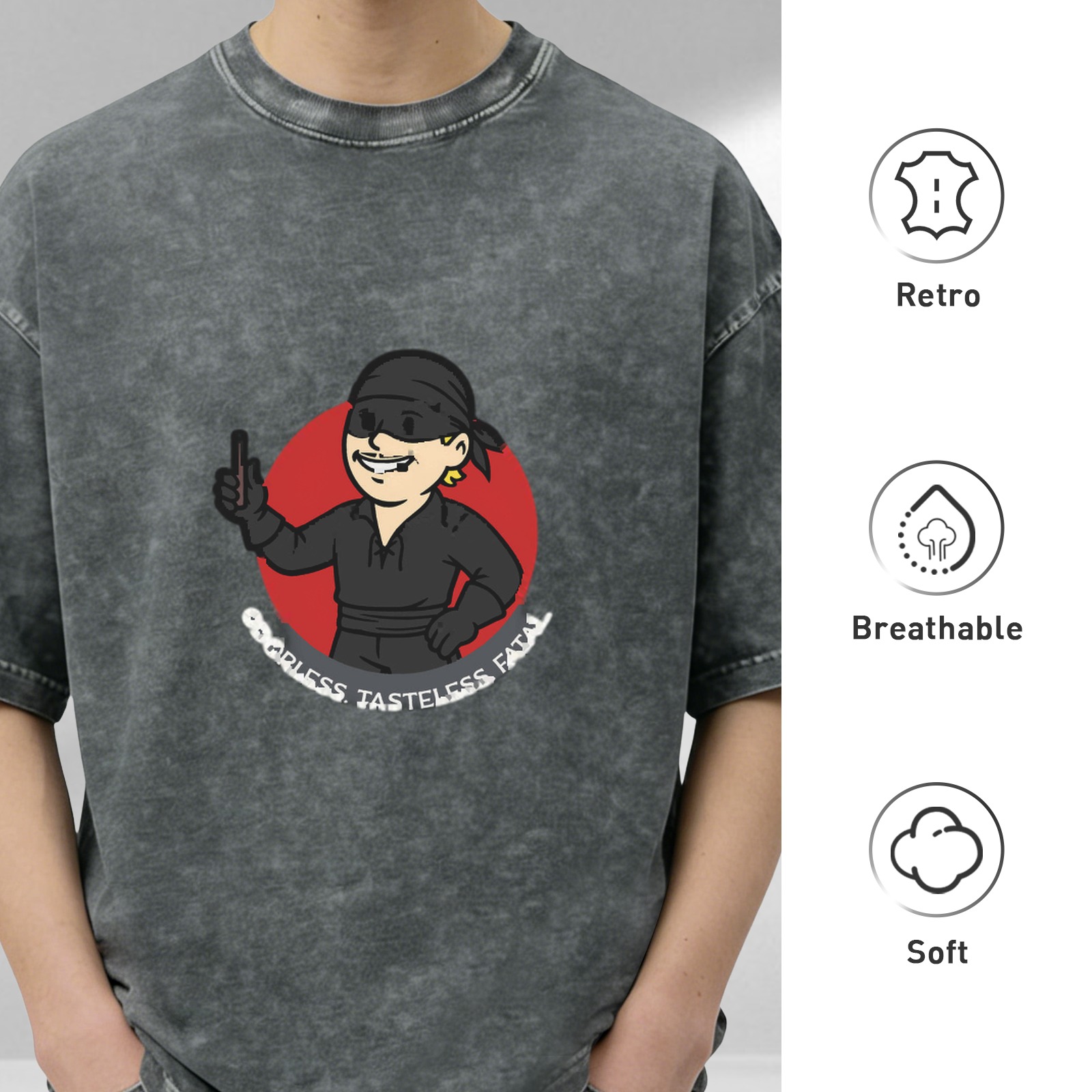 Washed black t-shirt with masked swordsman graphic and funny text
