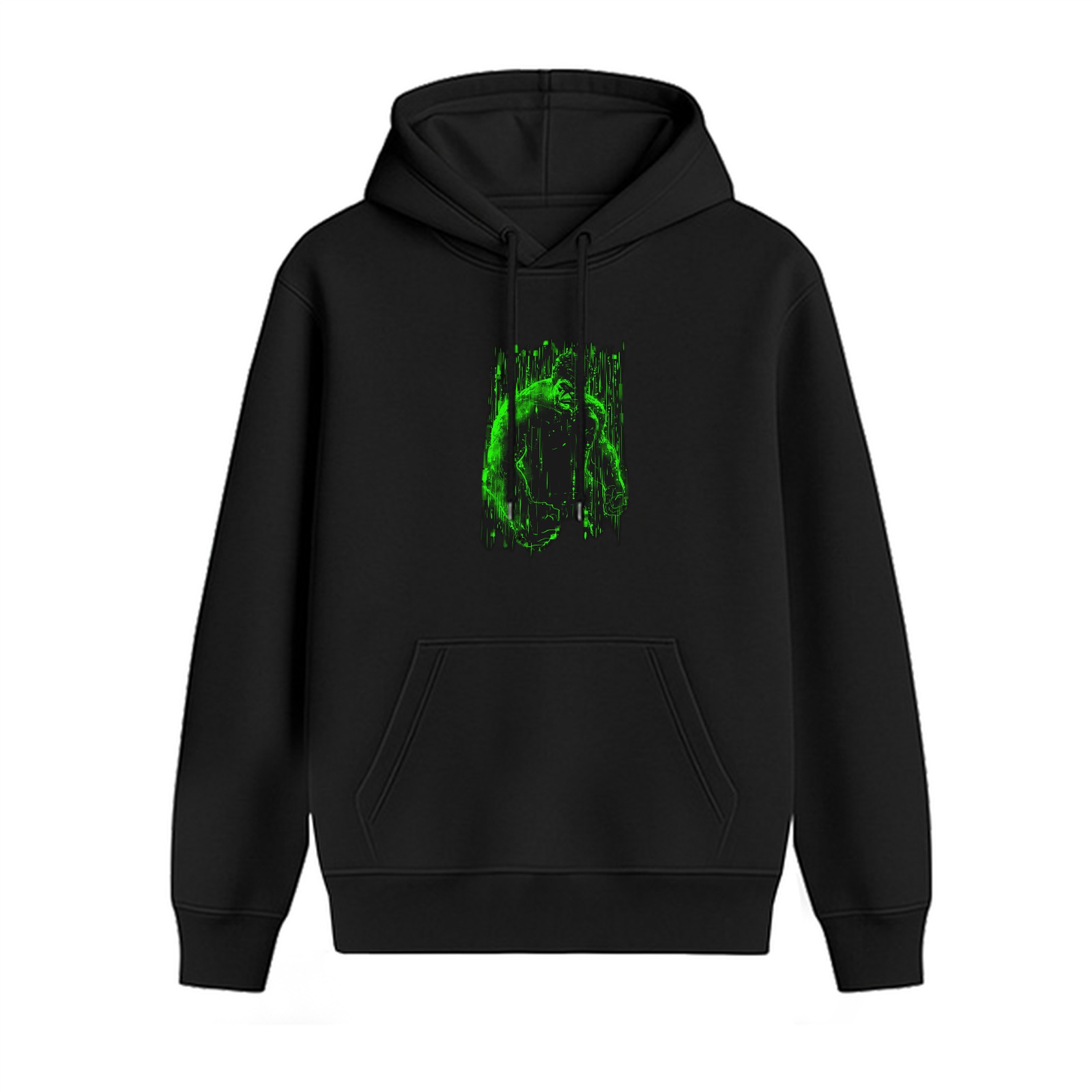 Black Hoodie With Glowing Green Abstract Graphic Print