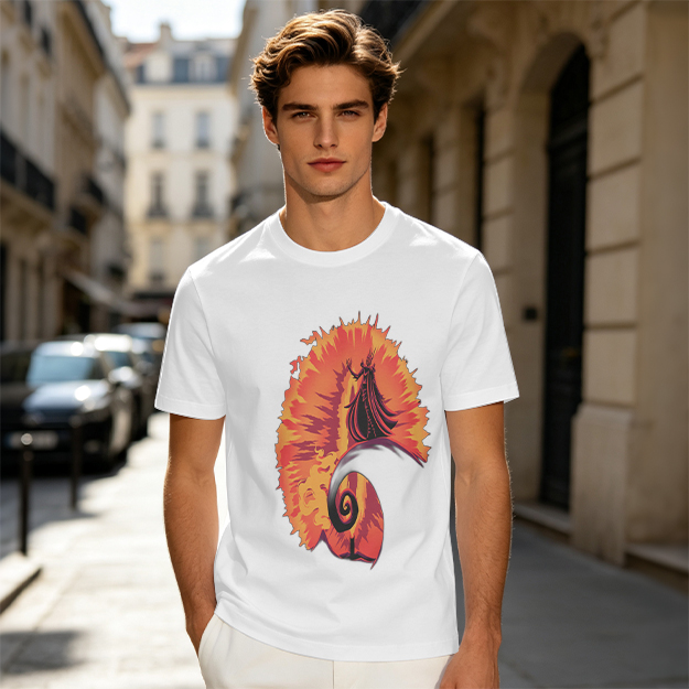 Olive T-Shirt With Fiery Spiral And Silhouette Figure Print