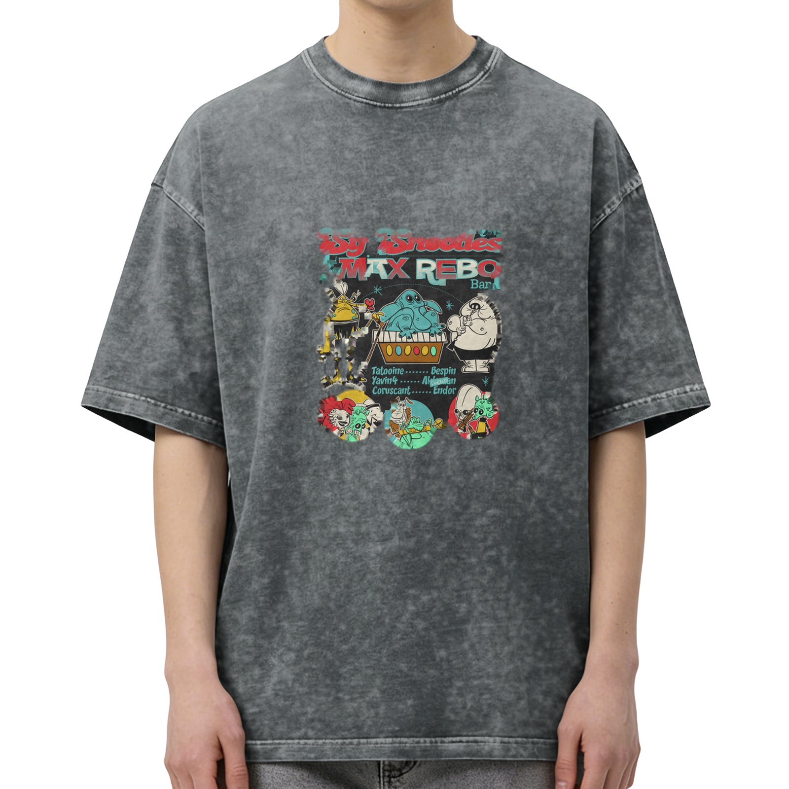 Retro washed black short-sleeved T-shirt Star Wars themed Max Rebo band printed distressed top
