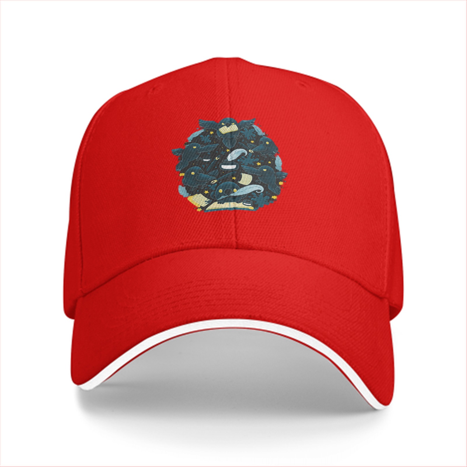 Black baseball cap with whimsical dark creature cluster graphic