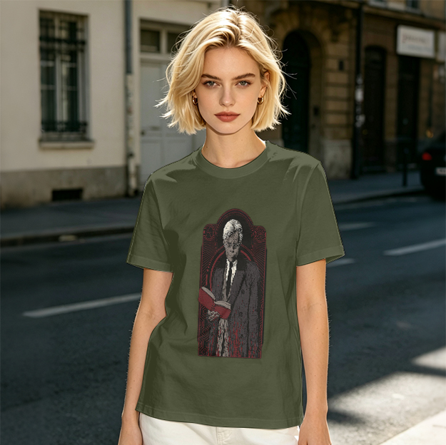 Olive T-shirt with Gothic Figure Holding Red Book Print